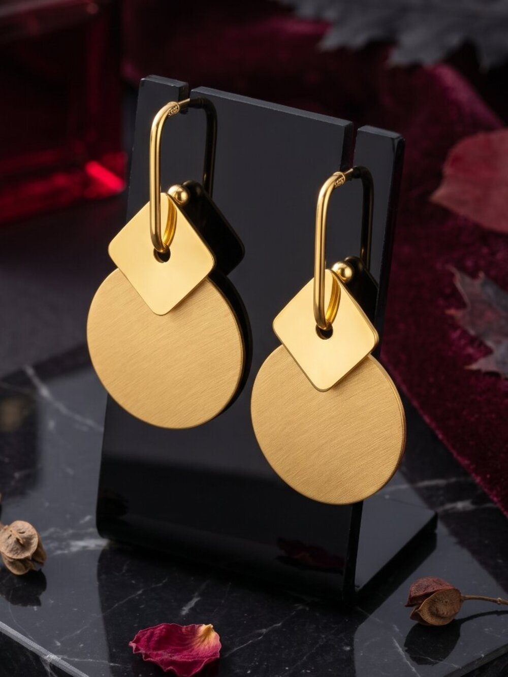 Modernist 18K Gold Plated Matte Geometric Drop Earrings Dark Academia 1.5"